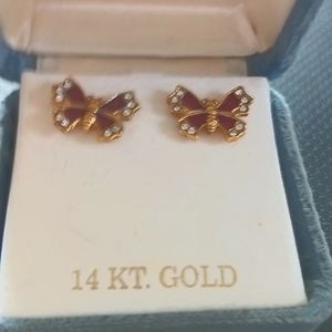 Women's butterfly pierced earrings purple and 12 carat gold filled.